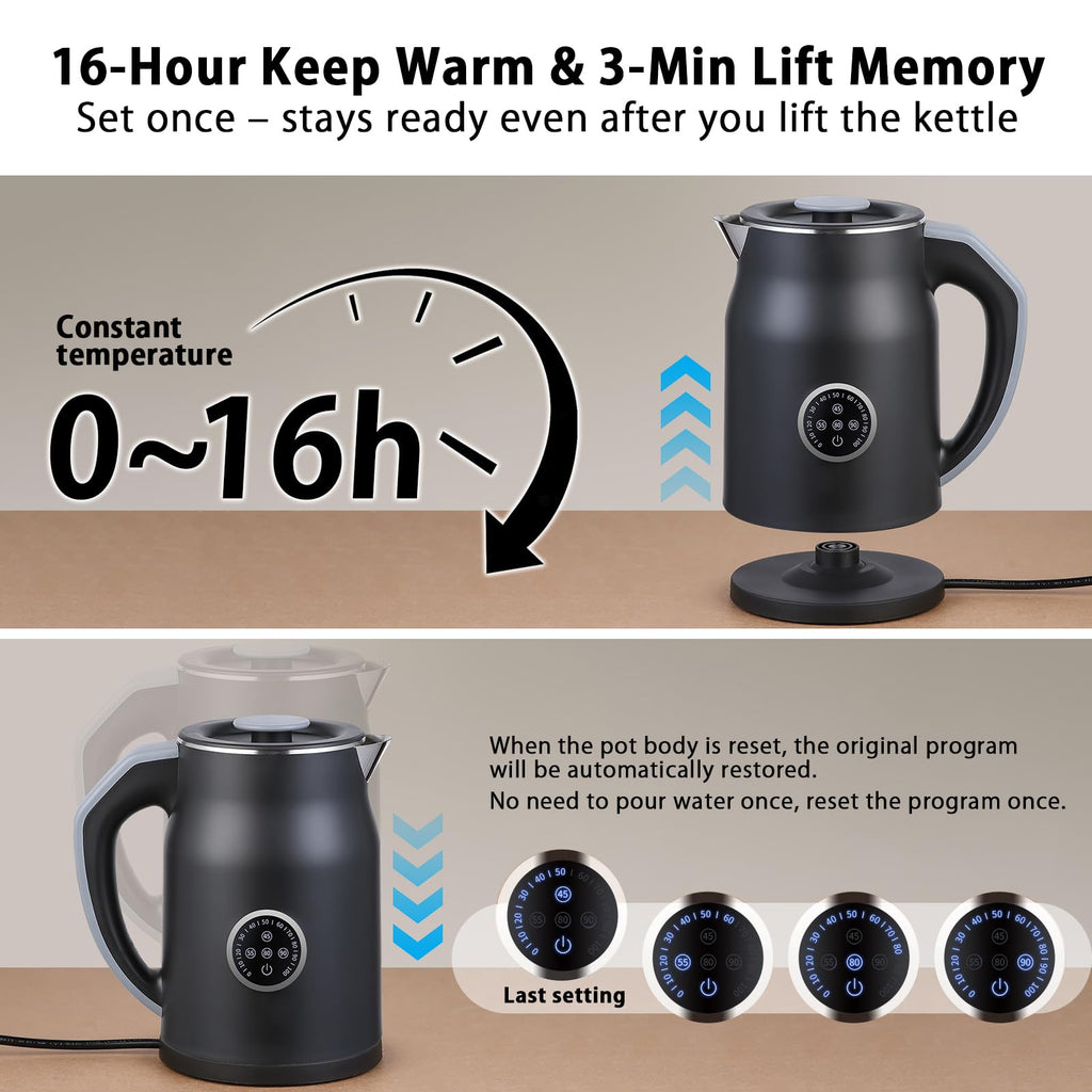 V-33 Electric Kettle 1.2L with 45-90C Temperature Control, 1000W Fast Heating, 16H Keep Warm & 3-Min Lift Memory, Cool Touch Double Wall, 304 Stainless Steel, Black