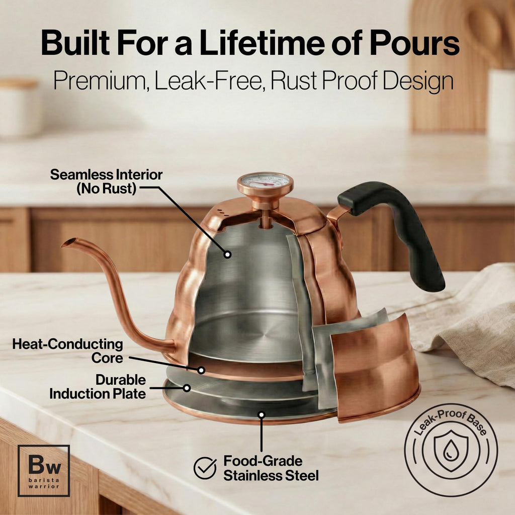 Barista Warrior Gooseneck Kettle with Built-In Thermometer for Pour Over Coffee & Tea - 1L Stainless Steel Kettle Stovetop Safe with Precision Spout