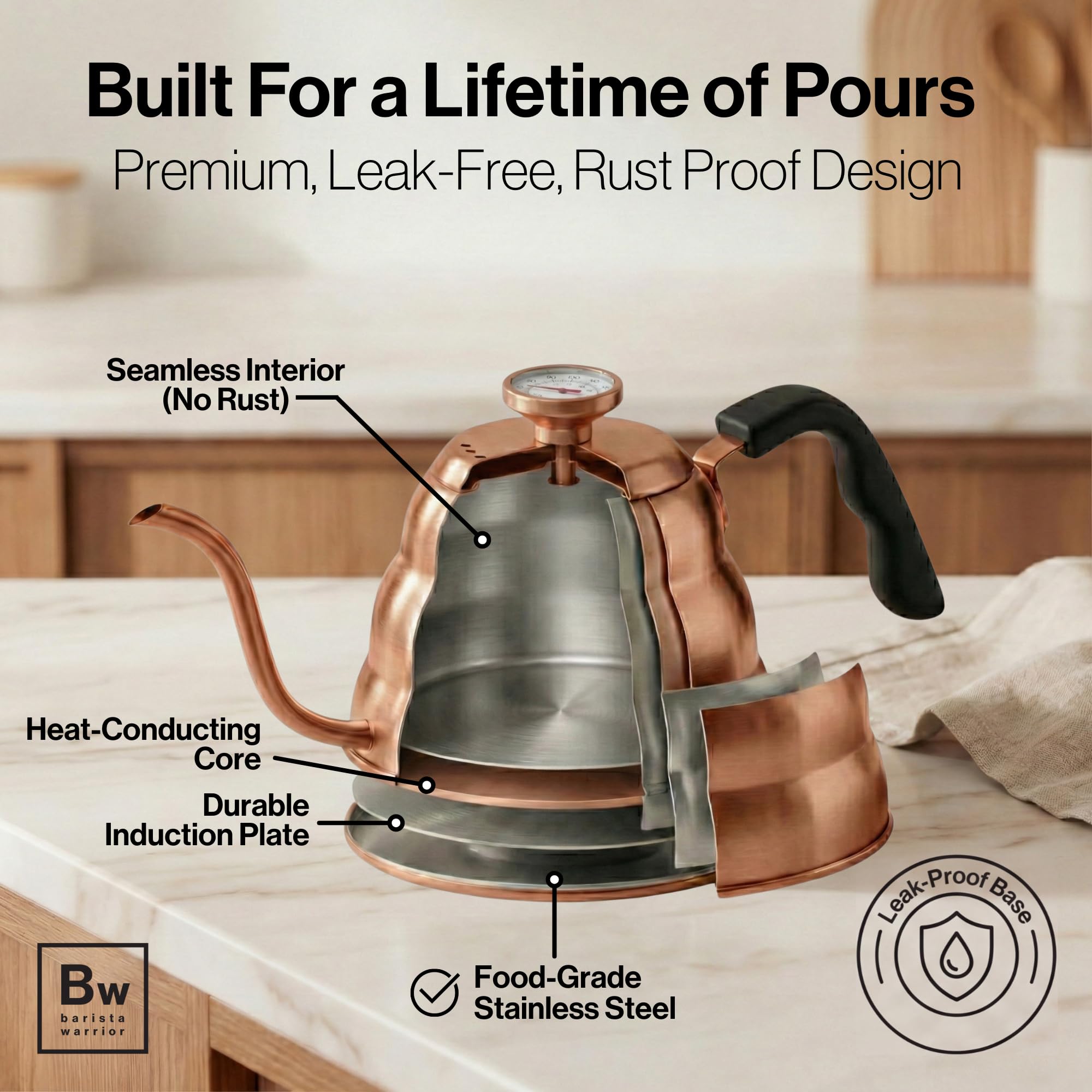 Barista Warrior Gooseneck Kettle with Built-In Thermometer for Pour Over Coffee & Tea - 1L Stainless Steel Kettle Stovetop Safe with Precision Spout