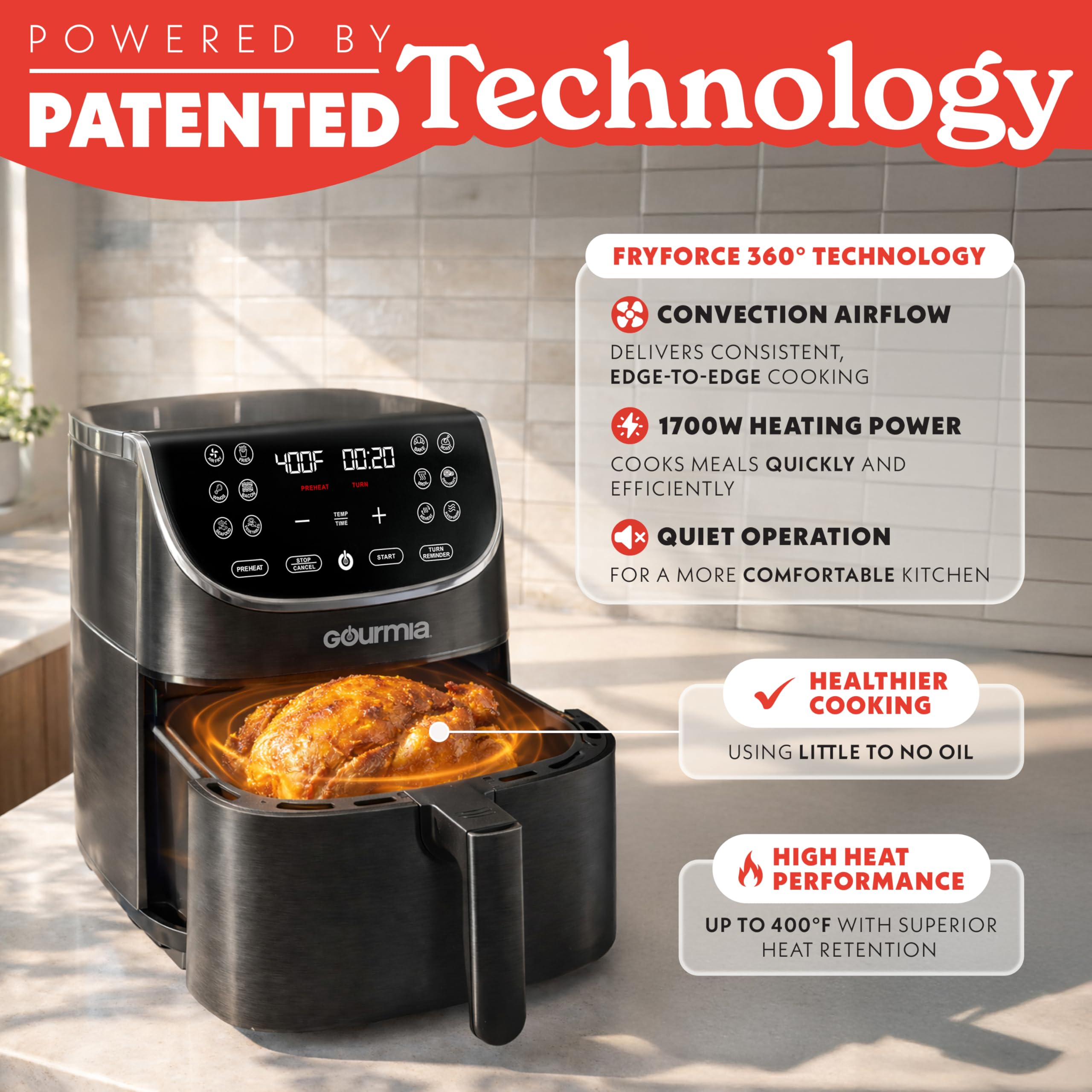 Gourmia Air Fryer - 7 Qt Large Capacity with LED Display, 12 One-Touch Presets, FryForce 360° Technology, Nonstick Dishwasher-Safe Basket & Crisper Tray