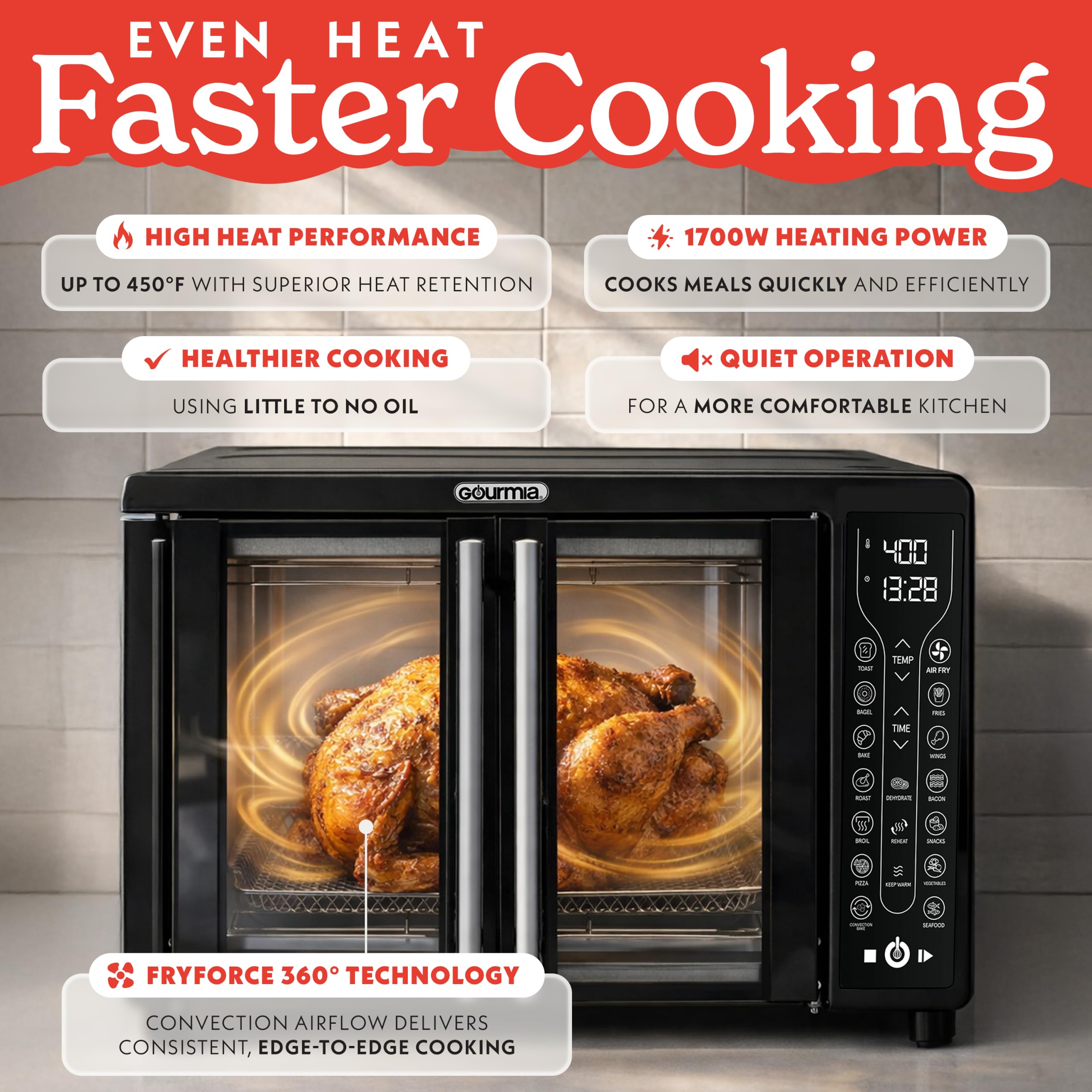 Gourmia French Door Air Fryer Toaster Oven – FryForce 360°, Digital Display
