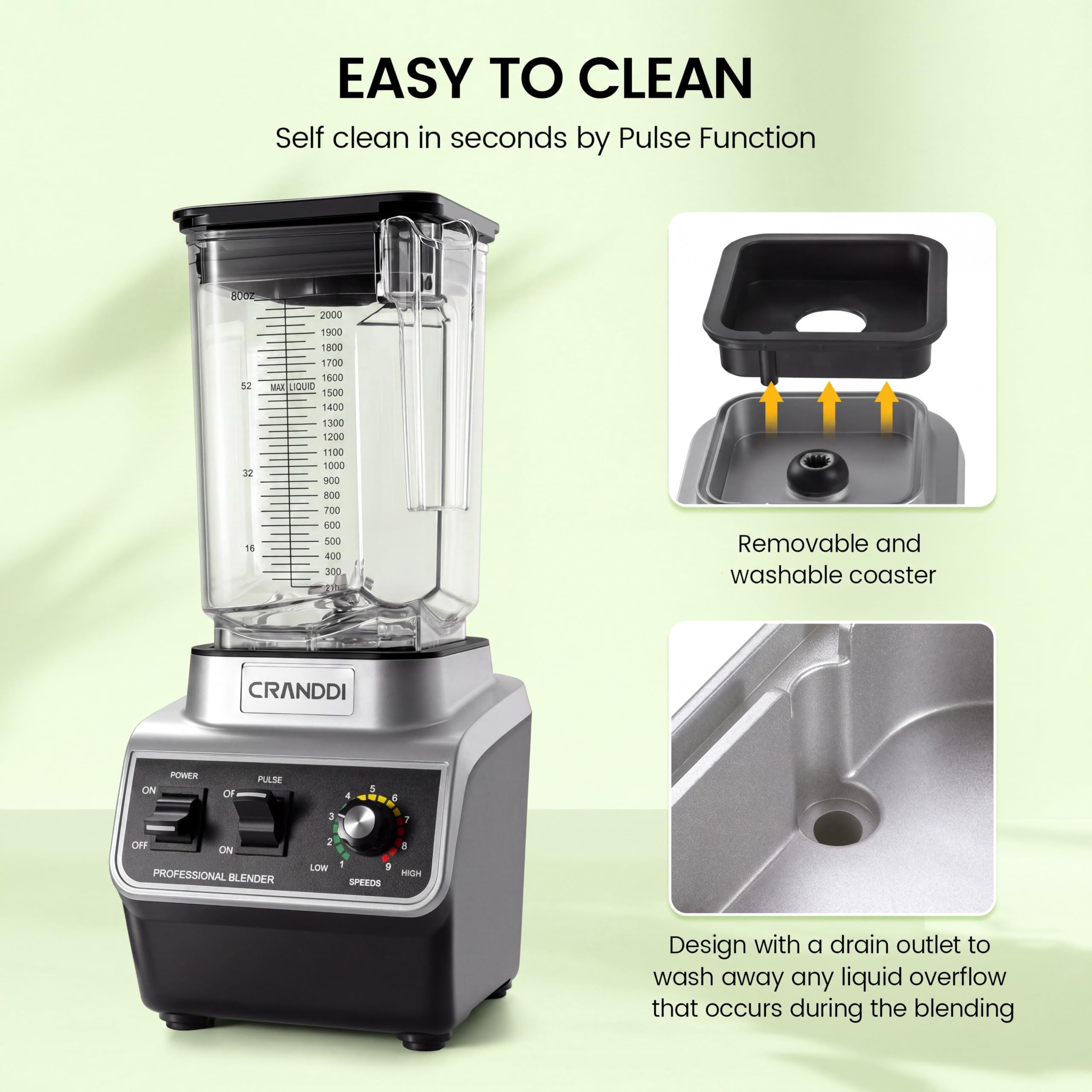 CRANDDI 1500W Commercial Blender with 80 oz Pitcher