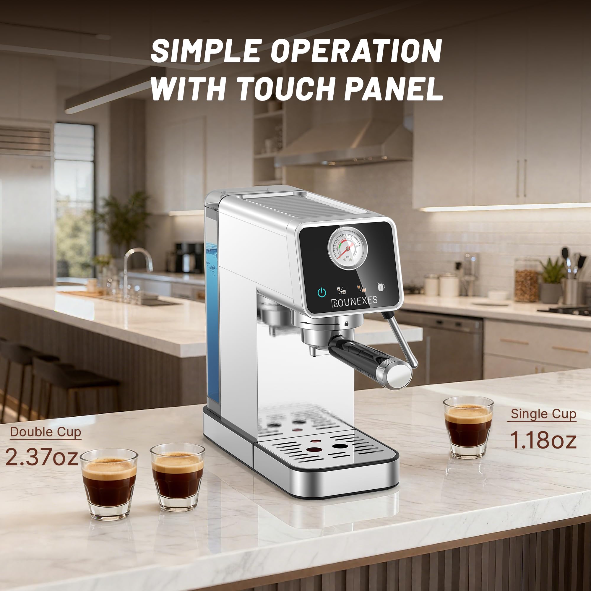 Rounexes 20 Bar Espresso Machine with Milk Frother, Semi-Automatic Espresso Machine with Pressure Gauge & Touchscreen, Compact Stainless Steel Espresso Maker for Home & Office, 51mm Portafilter
