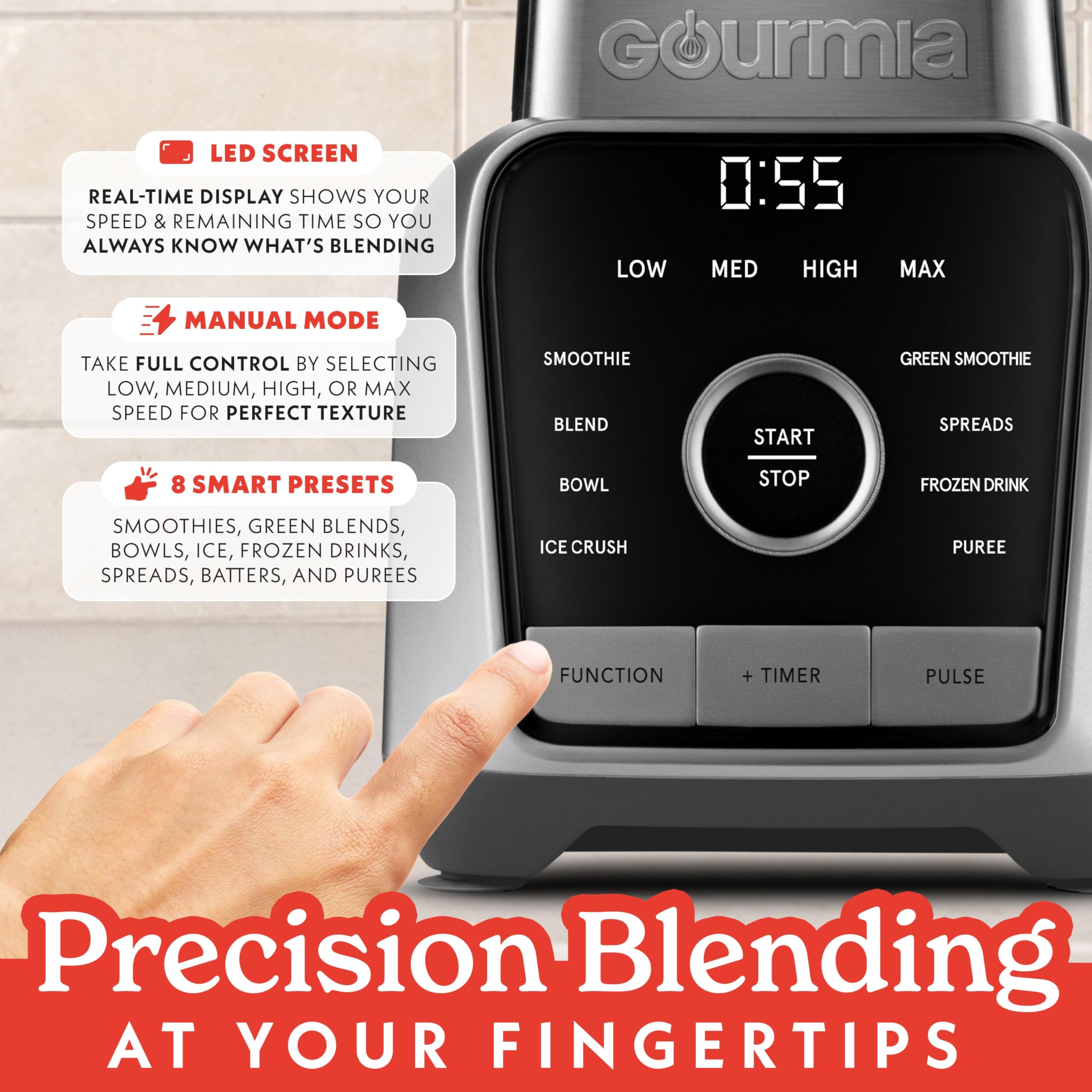 Gourmia 56 oz Digital Countertop Blender with 8 Programs