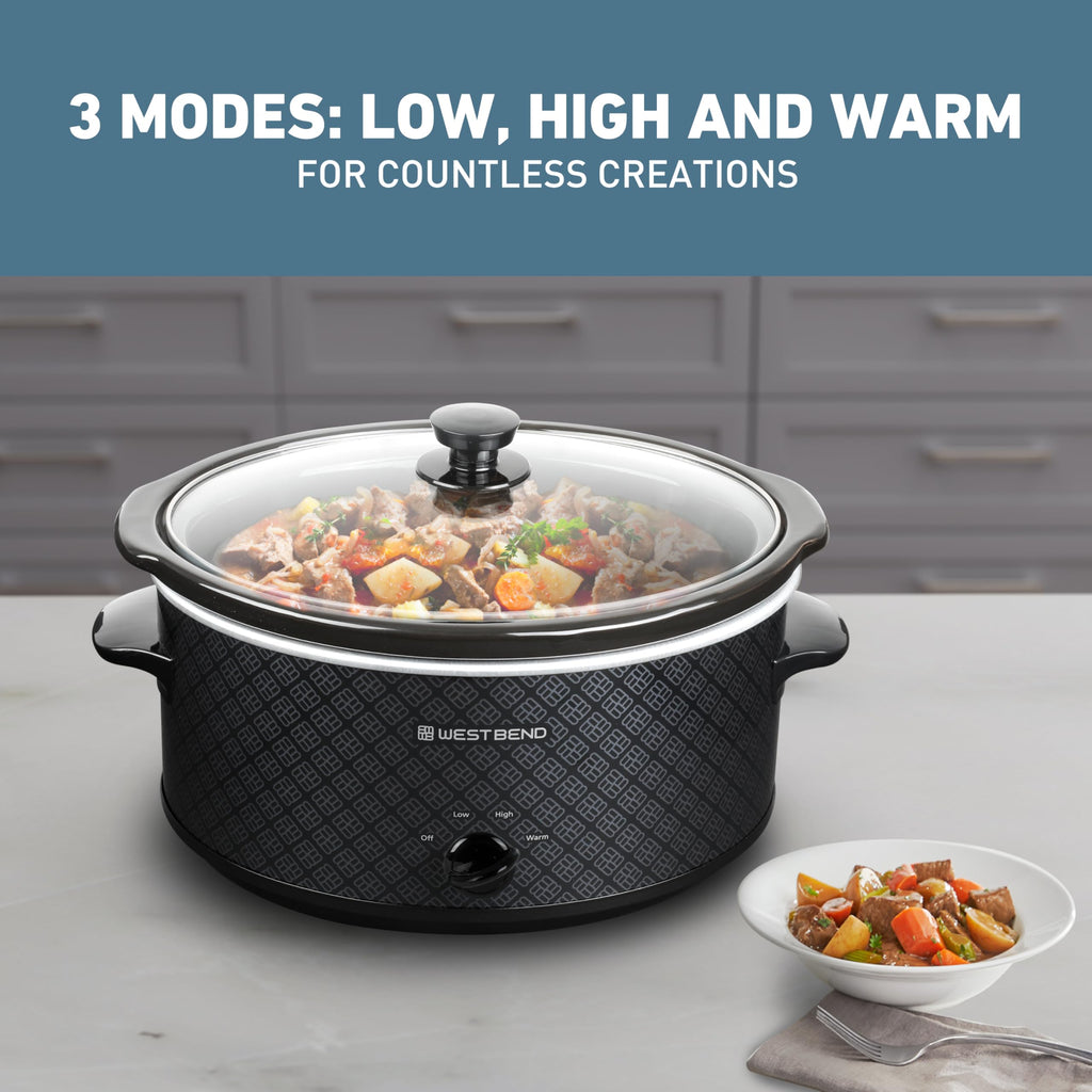 West Bend 6-Quart Manual Crockery Style with Dishwasher Safe Oval Ceramic Crockpot and Glass Lid Two Temperature Settings Plus Keep Warm