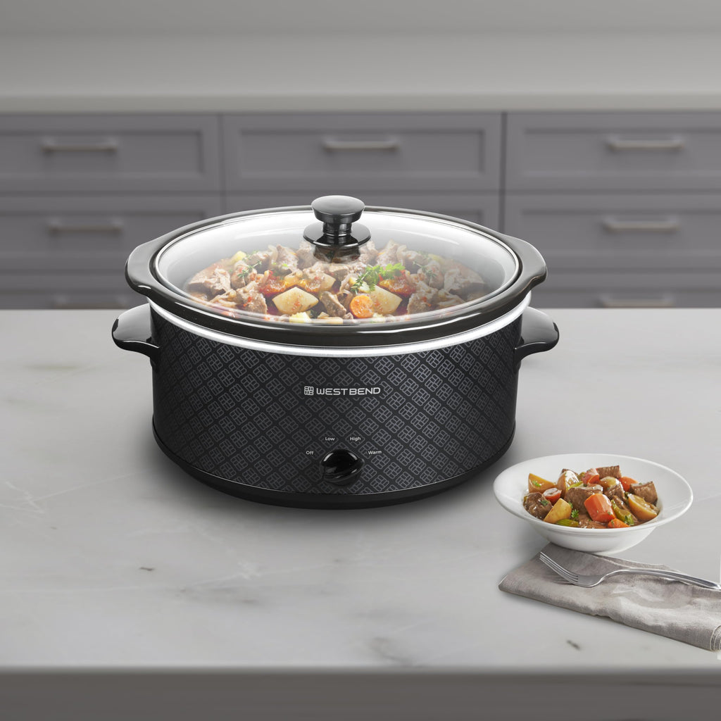 West Bend 6-Quart Manual Crockery Style with Dishwasher Safe Oval Ceramic Crockpot and Glass Lid Two Temperature Settings Plus Keep Warm