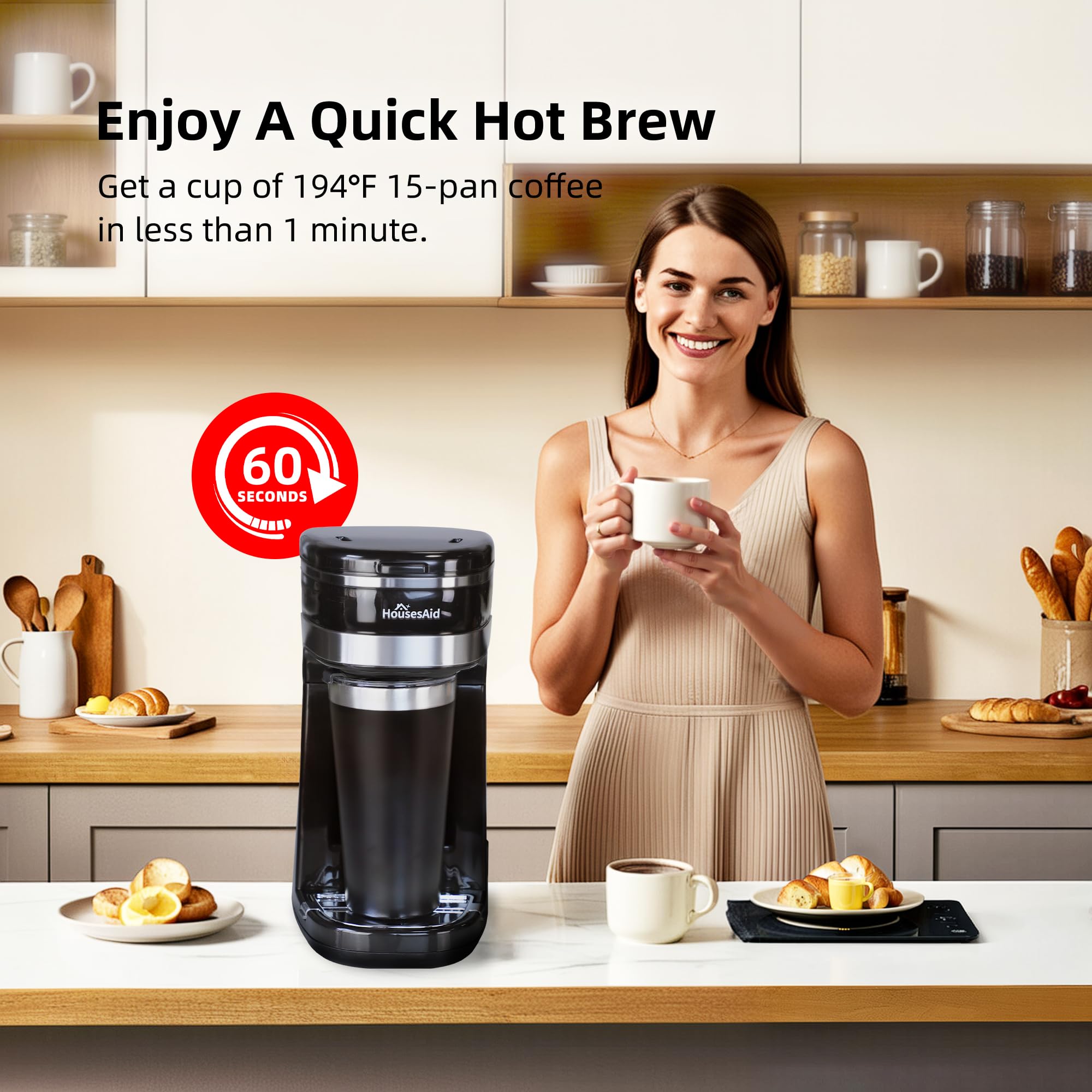 HousesAid Coffee Machine,Single Serve Coffee Maker,One Cup Coffee Maker with Reusable Filter&One-touch Control Button,Portable Brewer for Camping