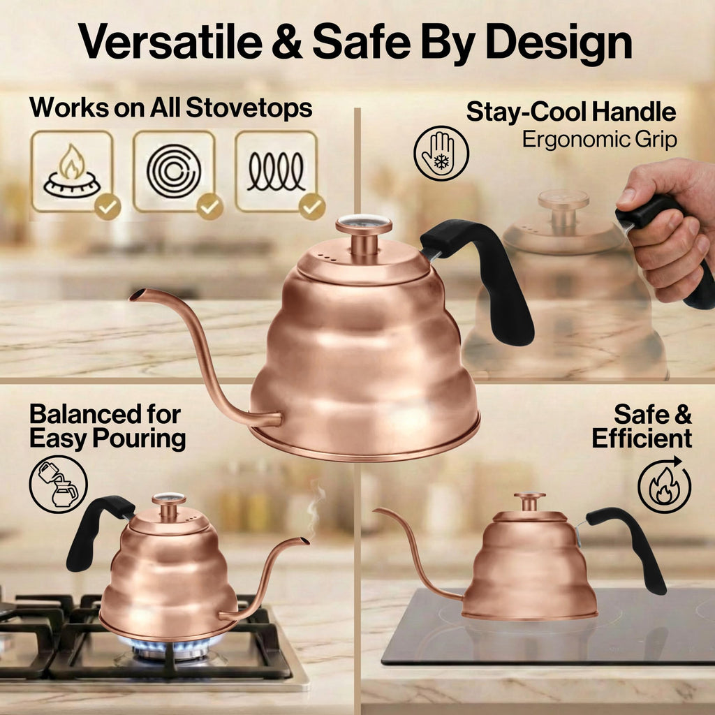 Barista Warrior Gooseneck Kettle with Built-In Thermometer for Pour Over Coffee & Tea - 1L Stainless Steel Kettle Stovetop Safe with Precision Spout
