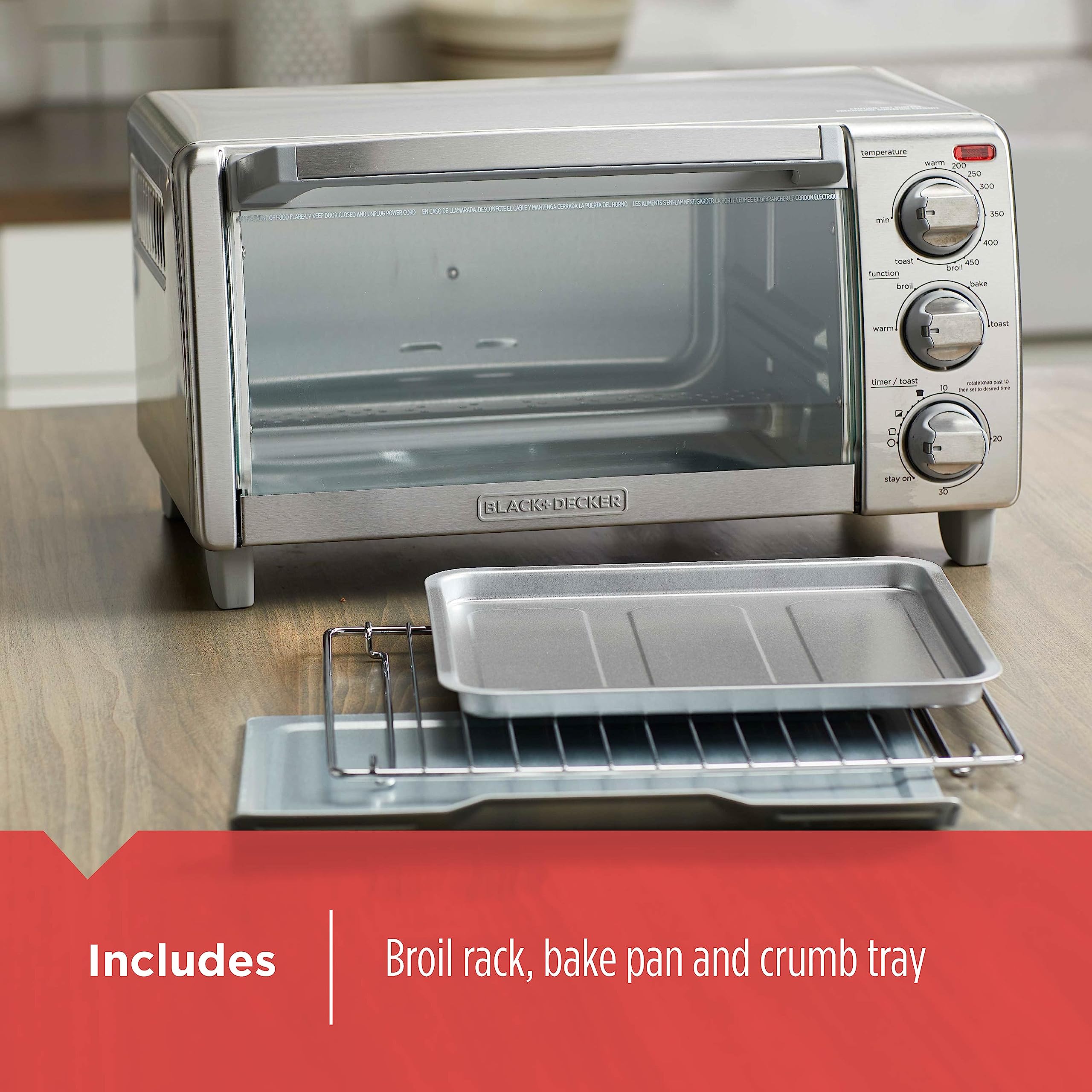 BLACK+DECKER 4-Slice Toaster Oven, TO1745SSG, Even Toast, 4 Cooking Functions Bake, Broil, Toast and Keep Warm, Removable Crumb Tray, Timer