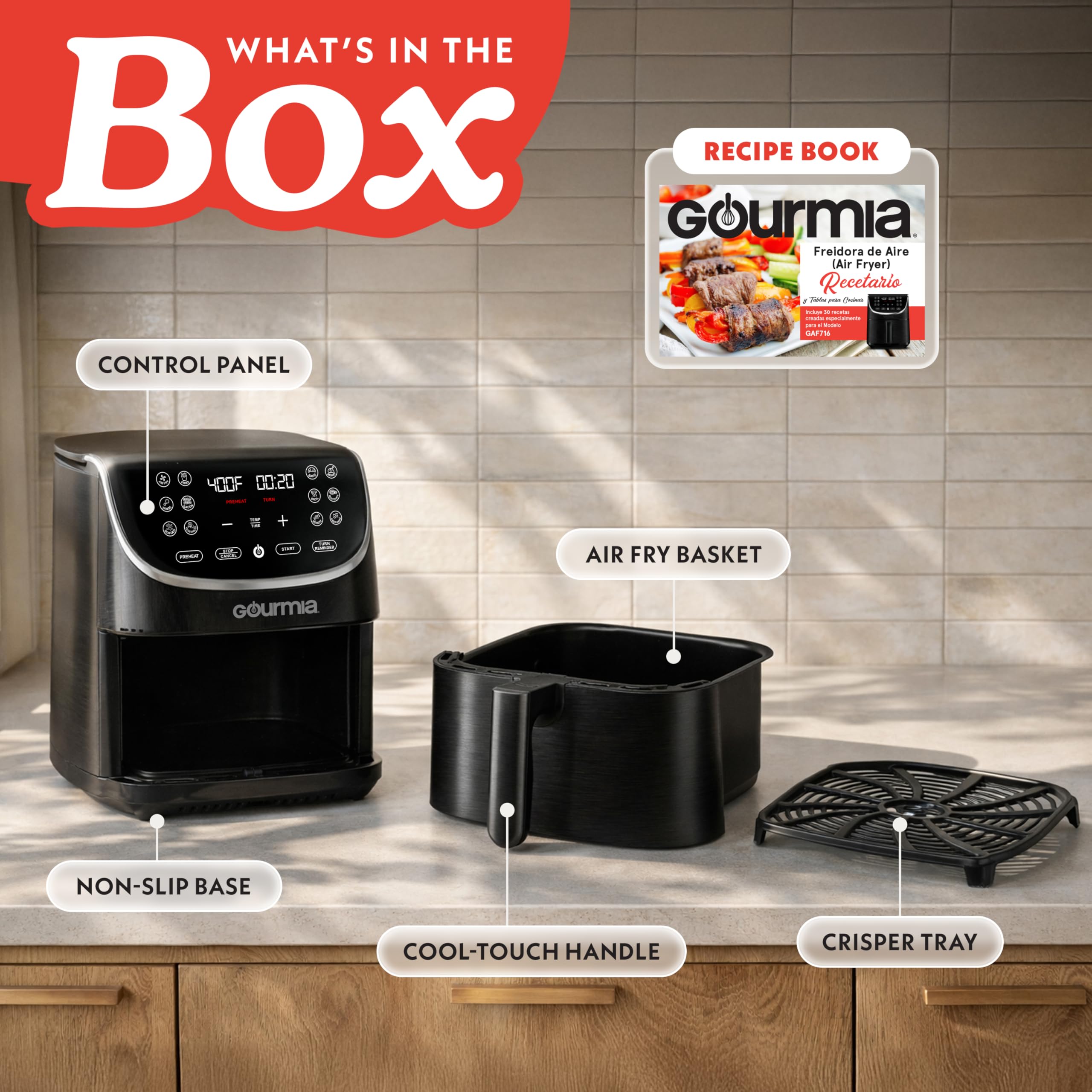 Gourmia Air Fryer - 7 Qt Large Capacity with LED Display, 12 One-Touch Presets, FryForce 360° Technology, Nonstick Dishwasher-Safe Basket & Crisper Tray