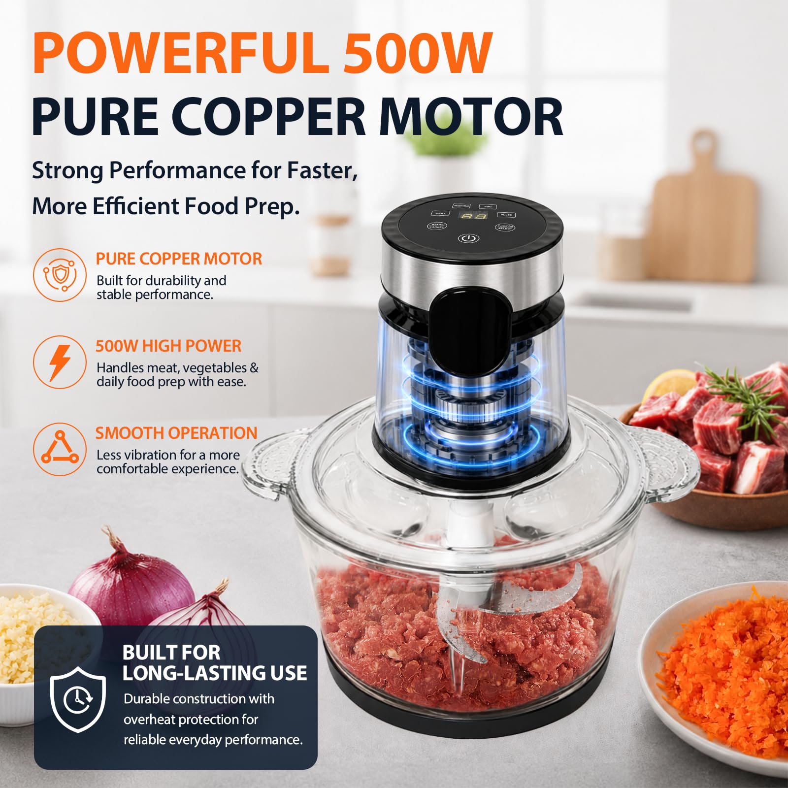 500W Touch-Control Food Processor for Meat & Vegetables