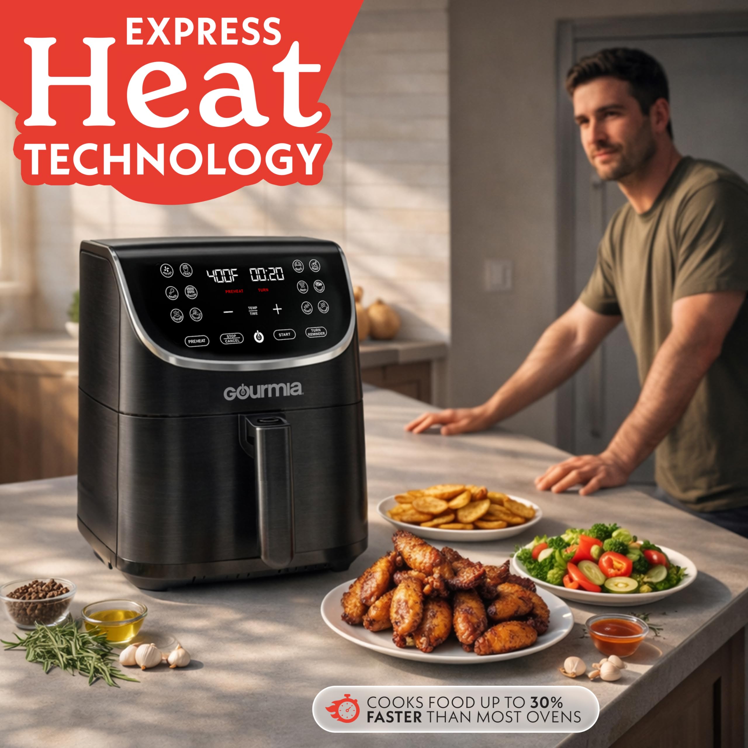 Gourmia Air Fryer - 7 Qt Large Capacity with LED Display, 12 One-Touch Presets, FryForce 360° Technology, Nonstick Dishwasher-Safe Basket & Crisper Tray
