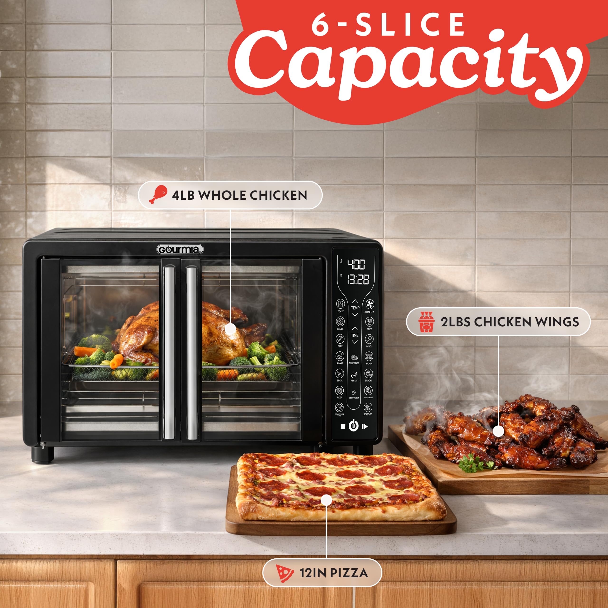 Gourmia French Door Air Fryer Toaster Oven – FryForce 360°, Digital Display