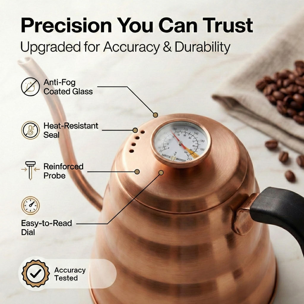 Barista Warrior Gooseneck Kettle with Built-In Thermometer for Pour Over Coffee & Tea - 1L Stainless Steel Kettle Stovetop Safe with Precision Spout