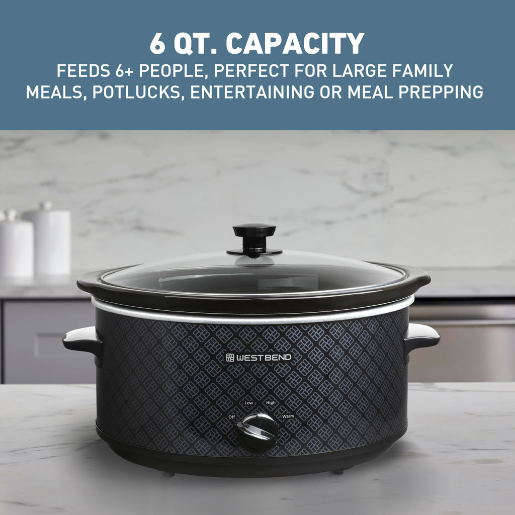 West Bend 6-Quart Manual Crockery Style with Dishwasher Safe Oval Ceramic Crockpot and Glass Lid Two Temperature Settings Plus Keep Warm