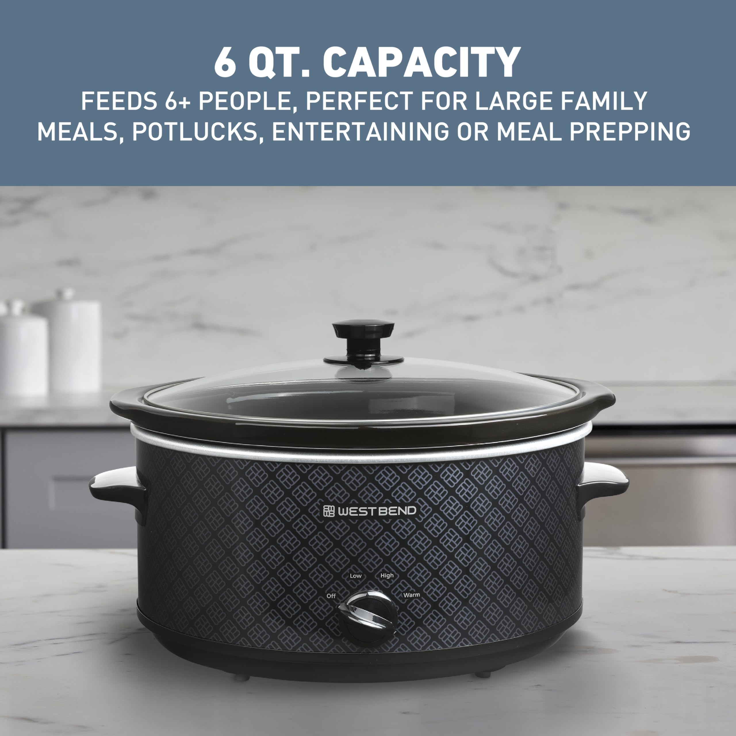 West Bend 6-Quart Manual Crockery Style with Dishwasher Safe Oval Ceramic Crockpot and Glass Lid Two Temperature Settings Plus Keep Warm