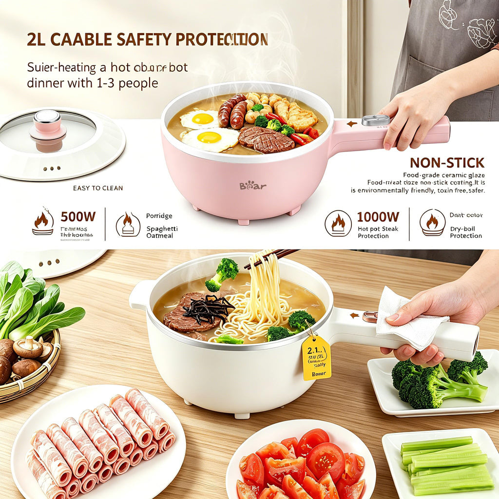Bear 2L Electric Mini Hot Pot & Rapid Ramen Cooker