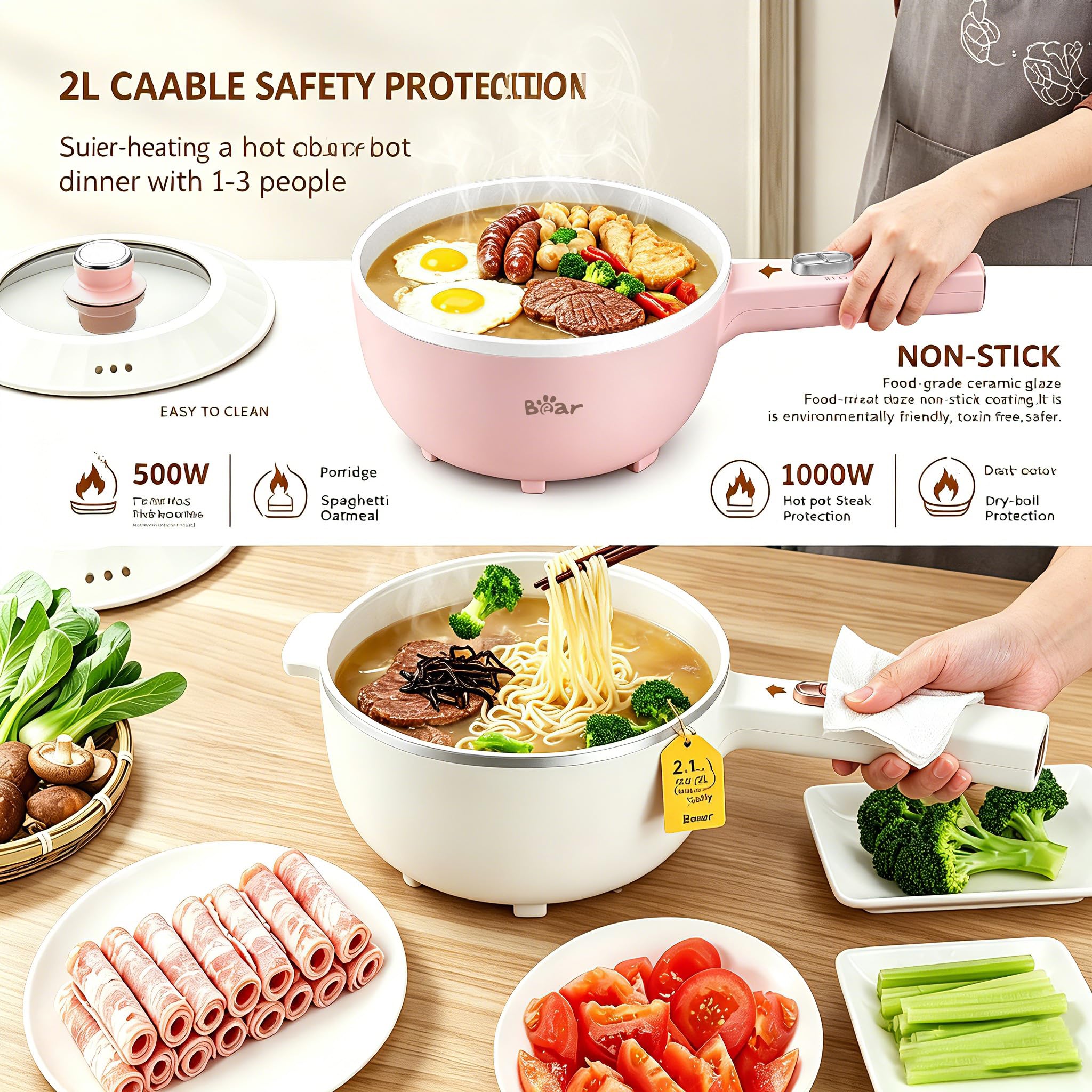 Bear 2L Electric Mini Hot Pot & Rapid Ramen Cooker