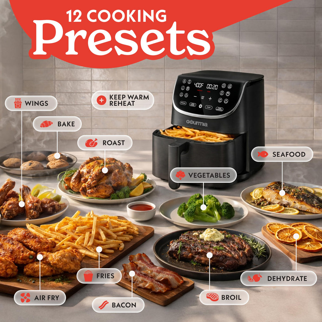 Gourmia Air Fryer - 7 Qt Large Capacity with LED Display, 12 One-Touch Presets, FryForce 360° Technology, Nonstick Dishwasher-Safe Basket & Crisper Tray