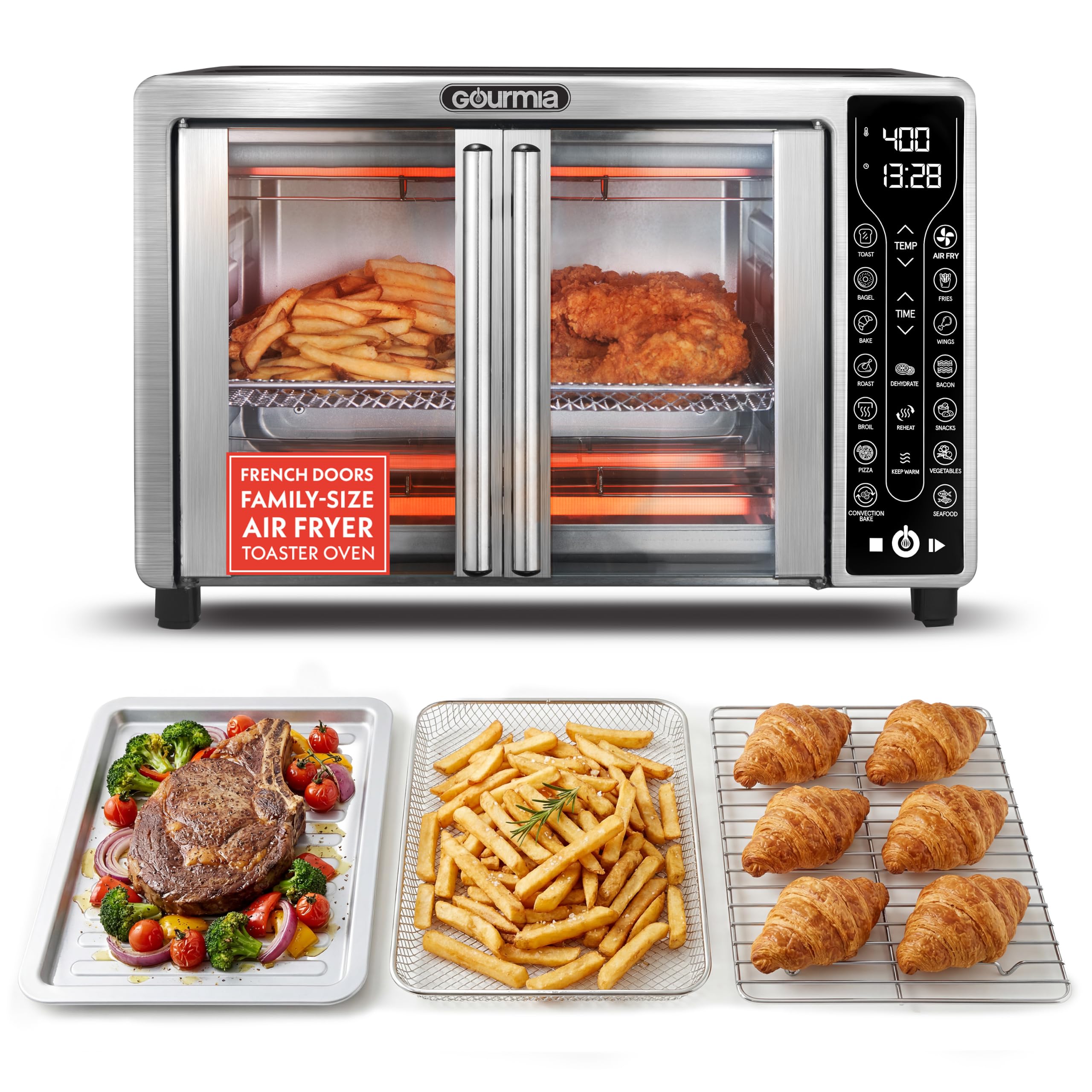 Gourmia French Door Air Fryer Toaster Oven – FryForce 360°, Digital Display